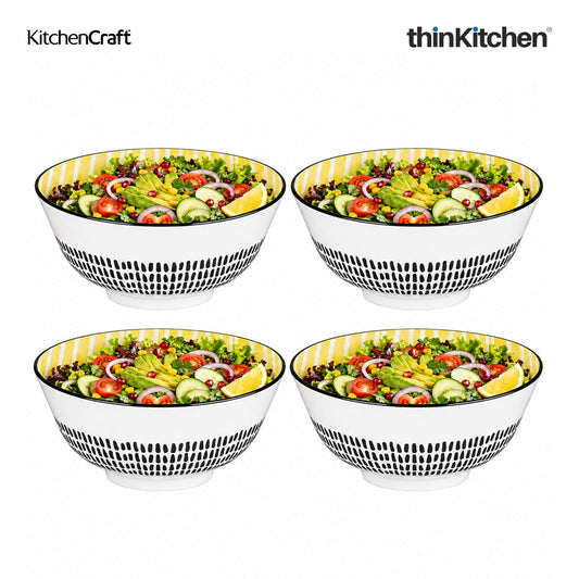 KitchenCraft Premium Stoneware 16 cm Serving Bowl Set of 4 for Soups, Cereal, Noodles, Snacks - Yellow Stripe | Wide Rim, Microwave & Dishwasher Safe | Designed in UK