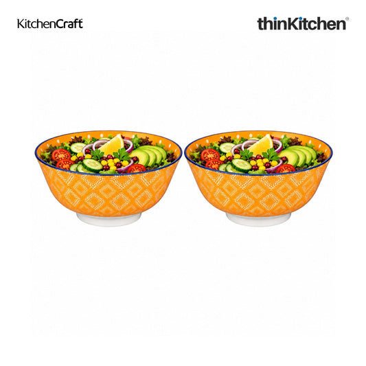 KitchenCraft Premium 15.5 cm Stoneware Serving Bowl Set of 2 for Soups, Cereal, Noodles, Snacks - Orange Spot Floral Design | Wide Rim, Microwave & Dishwasher Safe | Designed in UK