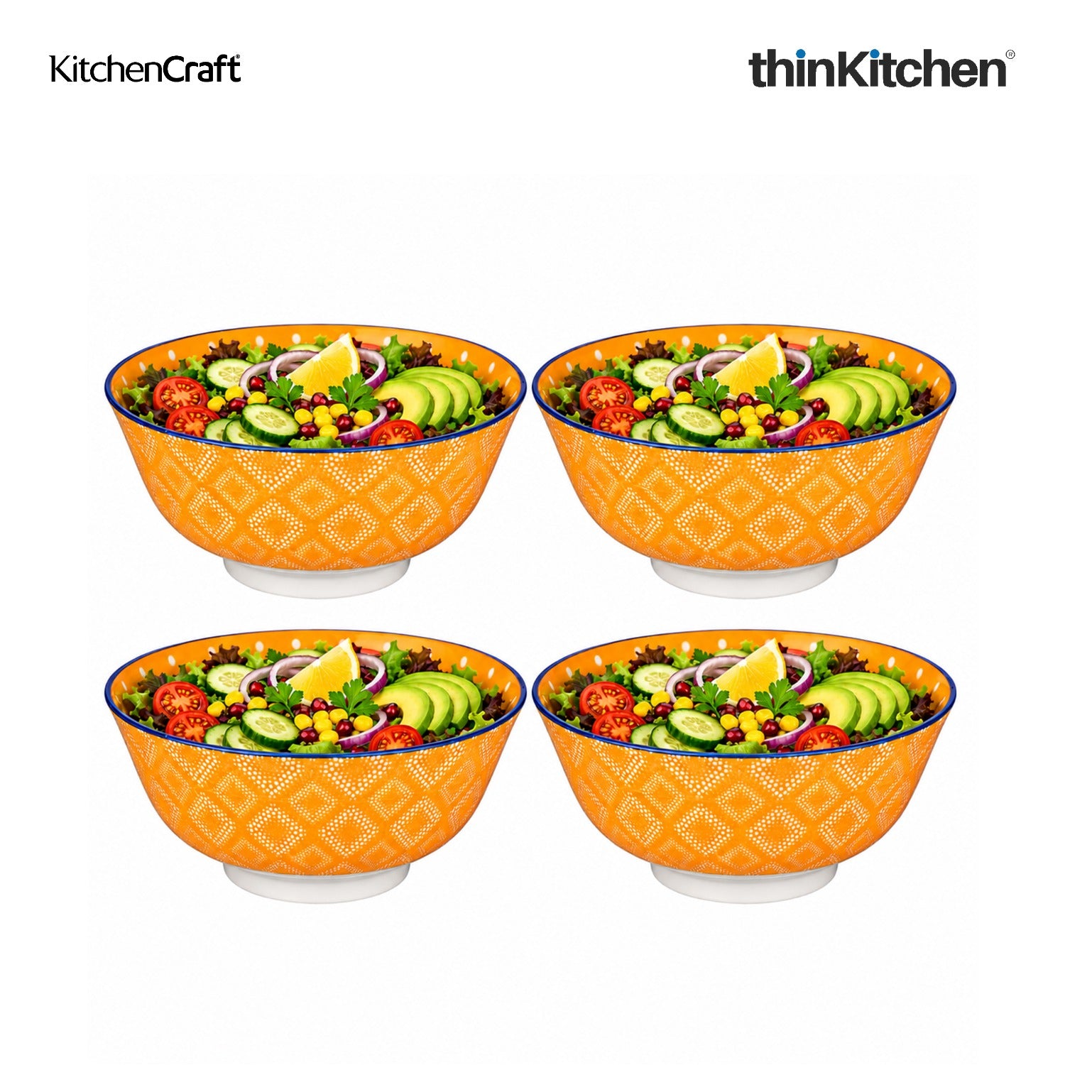 KitchenCraft Premium Stoneware 15.5 cm Serving Bowl Set of 4 for Soups, Cereal, Noodles, Snacks - Orange Spot Floral Design | Wide Rim, Microwave & Dishwasher Safe | Designed in UK - 1
