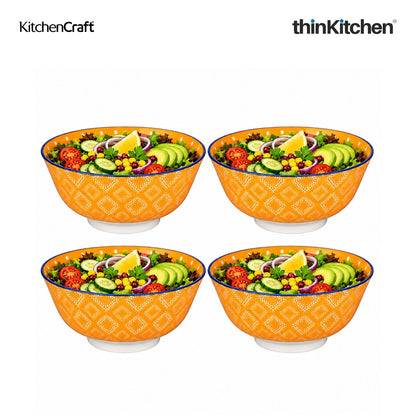KitchenCraft Premium Stoneware 15.5 cm Serving Bowl Set of 4 for Soups, Cereal, Noodles, Snacks - Orange Spot Floral Design | Wide Rim, Microwave & Dishwasher Safe | Designed in UK