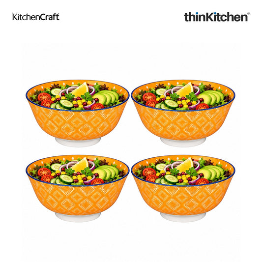 KitchenCraft Premium Stoneware 15.5 cm Serving Bowl Set of 4 for Soups, Cereal, Noodles, Snacks - Orange Spot Floral Design | Wide Rim, Microwave & Dishwasher Safe | Designed in UK