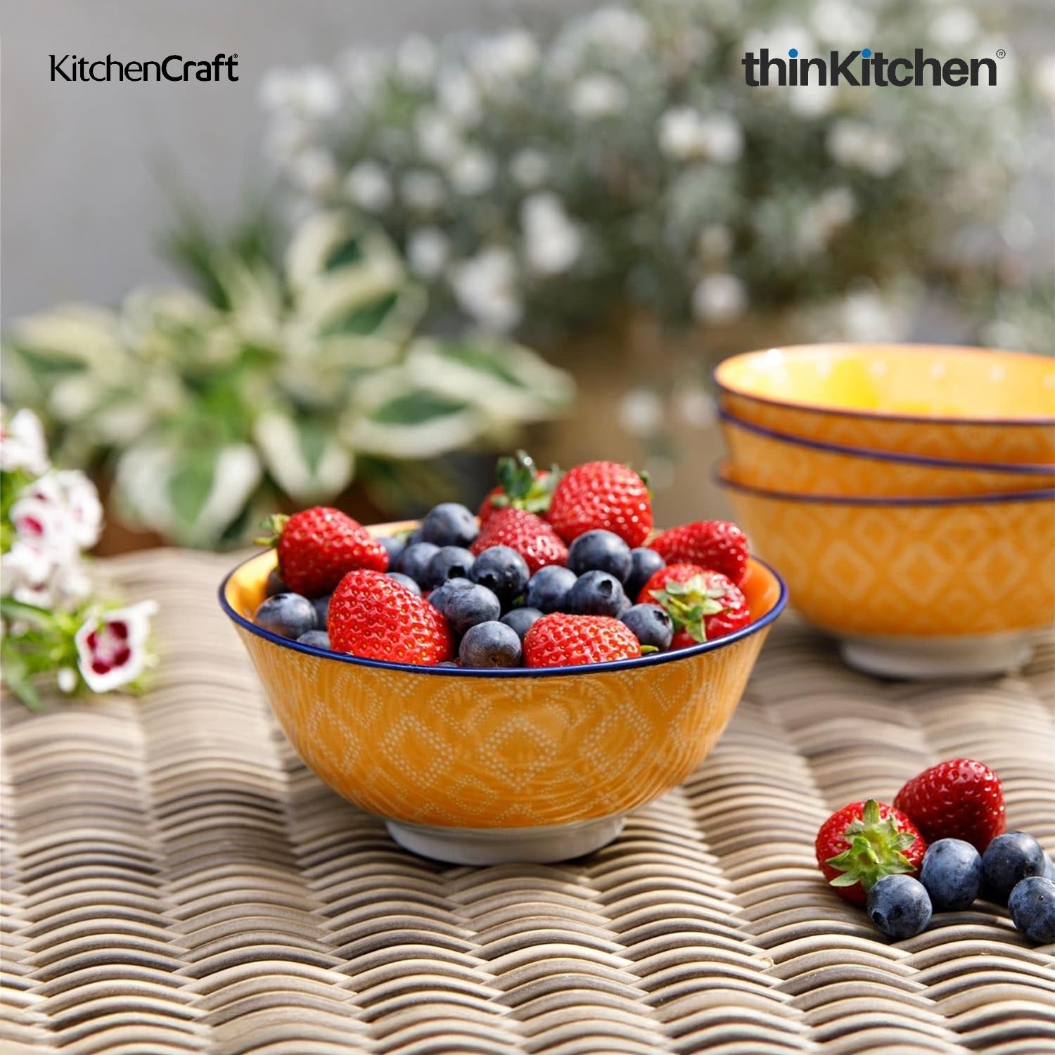 KitchenCraft Premium Stoneware 15.5 cm Serving Bowl Set of 4 for Soups, Cereal, Noodles, Snacks - Orange Spot Floral Design | Wide Rim, Microwave & Dishwasher Safe | Designed in UK - 3