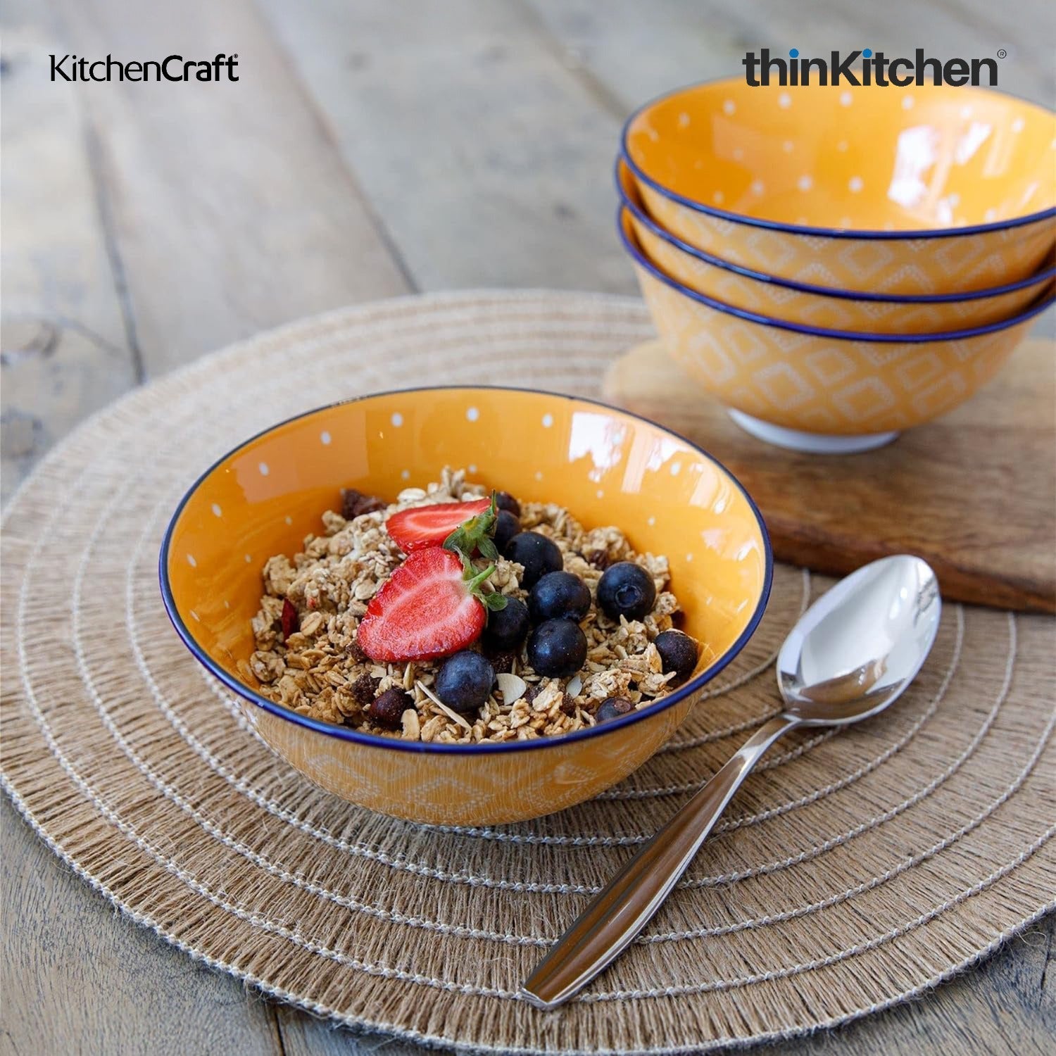 KitchenCraft Premium Stoneware 15.5 cm Serving Bowl Set of 4 for Soups, Cereal, Noodles, Snacks - Orange Spot Floral Design | Wide Rim, Microwave & Dishwasher Safe | Designed in UK - 6