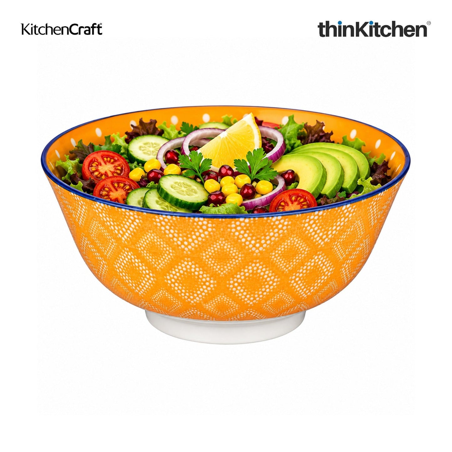 KitchenCraft Premium Stoneware 15.5 cm Serving Bowl Set of 4 for Soups, Cereal, Noodles, Snacks - Orange Spot Floral Design | Wide Rim, Microwave & Dishwasher Safe | Designed in UK