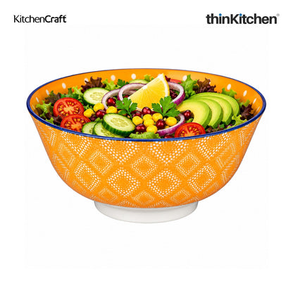 KitchenCraft Premium Stoneware 15.5 cm Serving Bowl Set of 4 for Soups, Cereal, Noodles, Snacks - Orange Spot Floral Design | Wide Rim, Microwave & Dishwasher Safe | Designed in UK