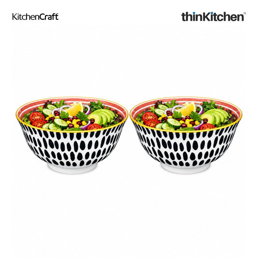 KitchenCraft Premium 16 cm Stoneware Serving Bowl Set of 2 for Soups, Cereal, Noodles, Snacks - Swirl & Spot Design | Wide Rim, Microwave & Dishwasher Safe | Designed in UK