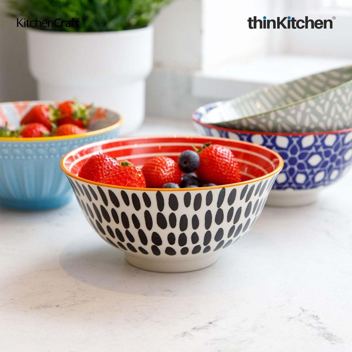 KitchenCraft Premium 16 cm Stoneware Serving Bowl Set of 2 for Soups, Cereal, Noodles, Snacks - Swirl & Spot Design | Wide Rim, Microwave & Dishwasher Safe | Designed in UK