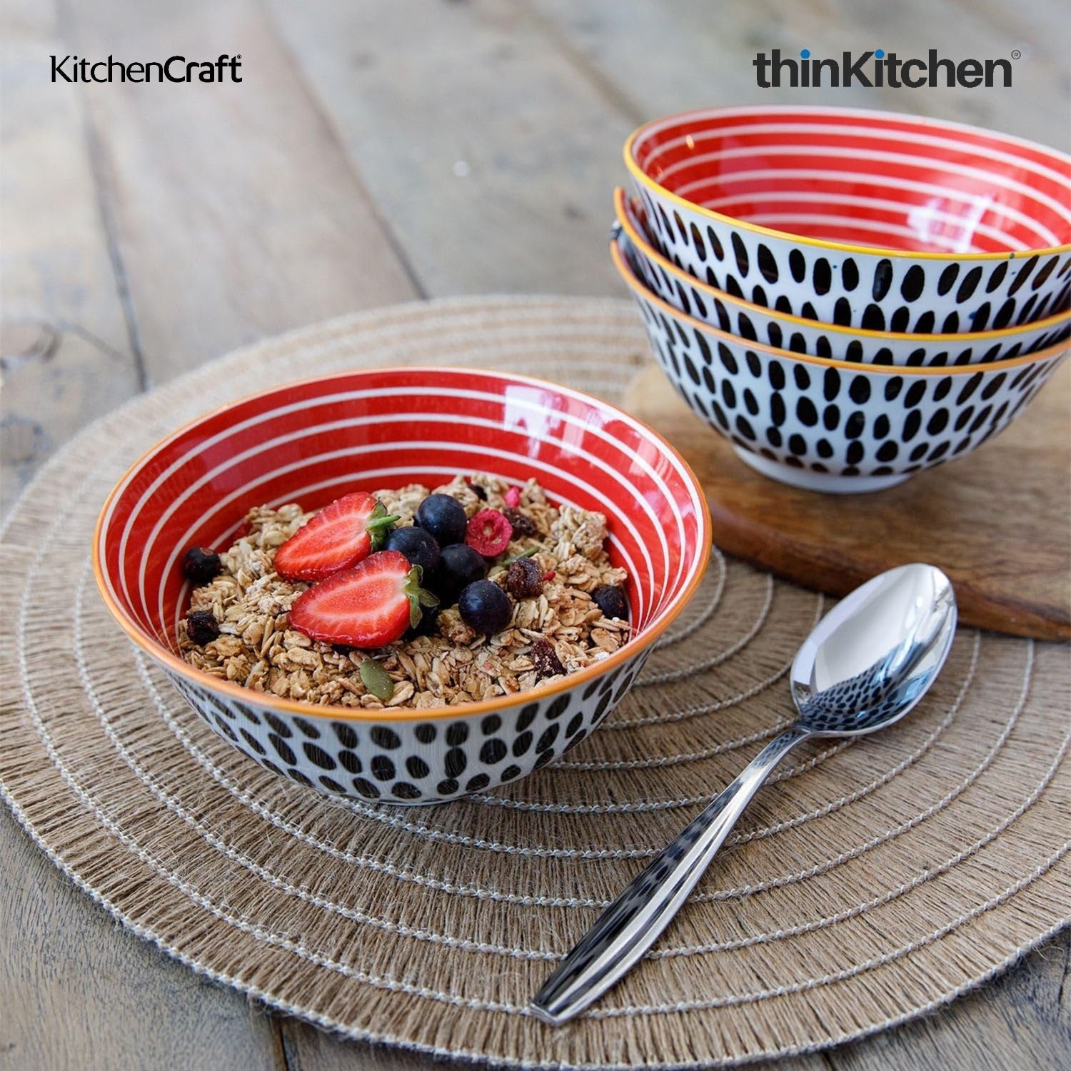 KitchenCraft Premium 16 cm Stoneware Serving Bowl Set of 2 for Soups, Cereal, Noodles, Snacks - Swirl & Spot Design | Wide Rim, Microwave & Dishwasher Safe | Designed in UK - 6