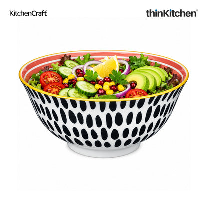 KitchenCraft Premium 16 cm Stoneware Serving Bowl Set of 2 for Soups, Cereal, Noodles, Snacks - Swirl & Spot Design | Wide Rim, Microwave & Dishwasher Safe | Designed in UK