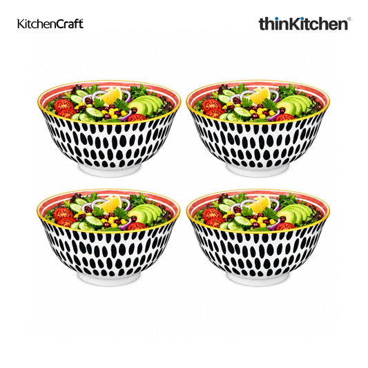 KitchenCraft Premium Stoneware 16 cm Serving Bowl Set of 4 for Soups, Cereal, Noodles, Snacks - Swirl & Spot Design | Wide Rim, Microwave & Dishwasher Safe | Designed in UK