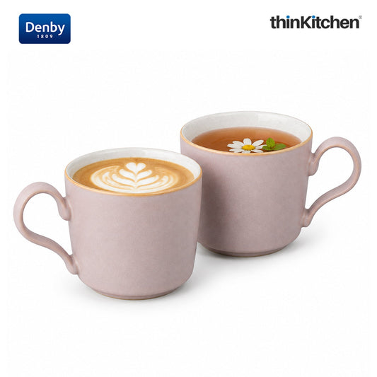 Denby Premium 2 x 220ml Pink Stoneware Cup Set, Handmade Ceramic Tea & Coffee Cup for Cappuccino Latte & Hot Beverages, Oven Microwave Dishwasher Safe, Made in UK