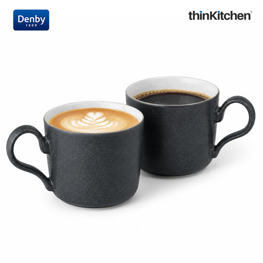 Denby Premium 2 x 220ml Charcoal Blue Stoneware Cup Set, Handmade Ceramic Tea & Coffee Cup for Cappuccino Latte & Hot Beverages, Oven Microwave Dishwasher Safe, Made in UK
