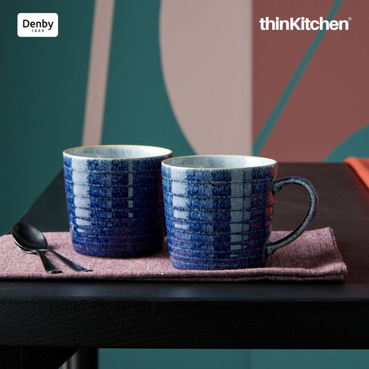 Denby Premium Rigded 2 x 400ml Large Mug Set , Handmade Stoneware Coffee & Hot Chocolate Mug for Everyday Use, Oven Microwave Dishwasher Safe, Blue&White Made in UK