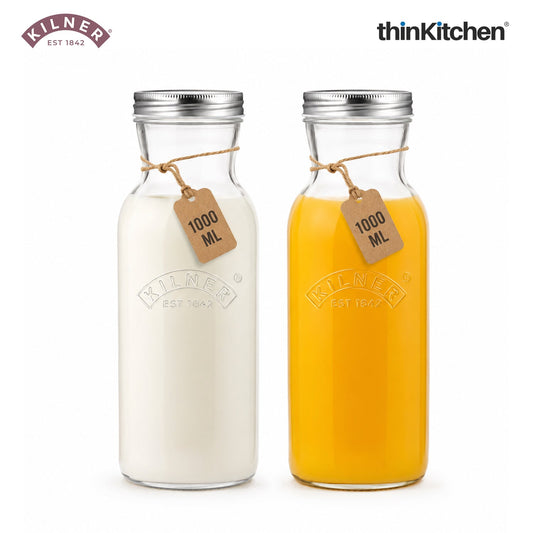 Kilner Premium 1L Leakproof Glass Bottle set of 2 for Milk, Smoothies, Sauces, Juices, Oil, Vinegar | Reusable Kitchen Storage Bottle with Secure Closure