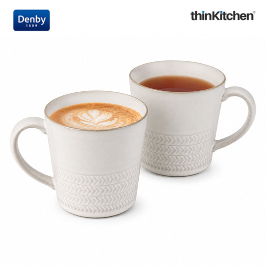 Denby Premium Textured 2 x 400ml Large Mug Set , Handmade Stoneware Coffee & Hot Chocolate Mug for Everyday Use, Oven Microwave Dishwasher Safe, White Made in UK