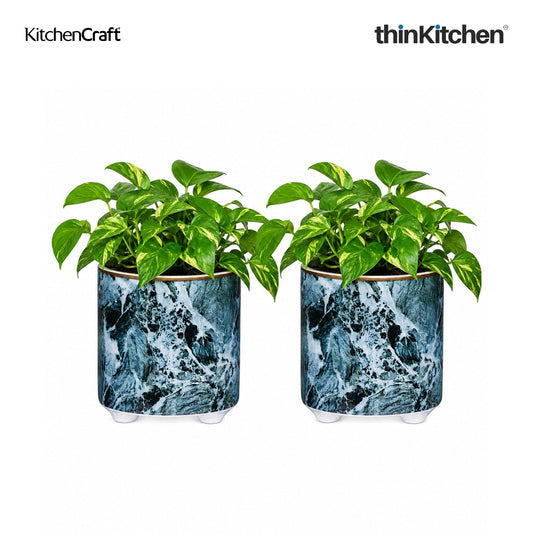 KitchenCraft Premium Ceramic 10 cms Legged Planter Pot Set of 2 for Indoor Plants & Desk - Marble Print | Multipurpose Holder for Stationery, Cutlery, Brushes | Designed in UK