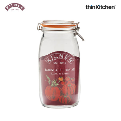 Kilner Premium 2 Pcs x 2L Round Airtight Glass Jar with Clip Top Lid for Coffee, Tea, Flour, Pulses, Grains, Lentils, Biscuits | Transparent, Reusable Multipurpose Kitchen Storage Container