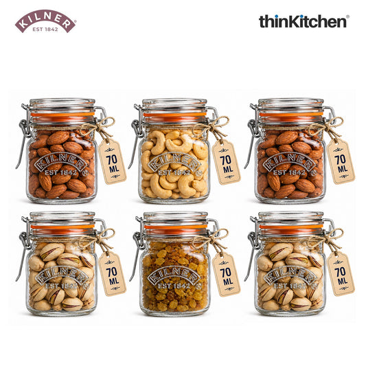 Kilner Premium Airtight Clip Top Square Glass Jar - 70ml for Kitchen Storage, Yogurt, Overnight Oats & Pickles, Set of 6