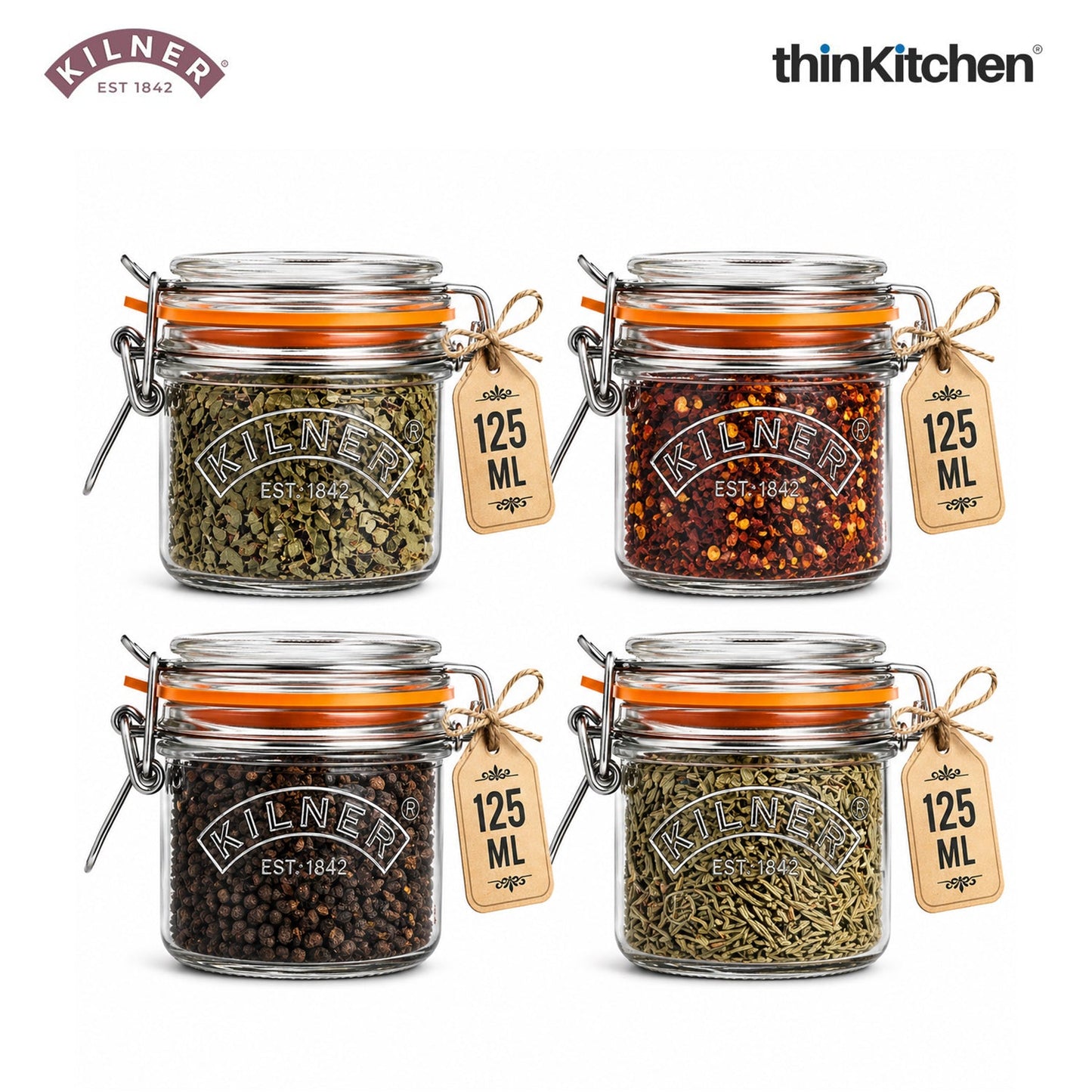 Kilner Premium Clip Top Airtight Round Glass Food Storage Jar - 125ML | Multipurpose BPA Free, Reusable Kitchen Container for Storage for Herbs, Spices, Set of 4