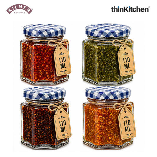 Kilner Premium Hexagonal Airtight Twist Top Glass Jar - 110ml  | Multipurpose Kitchen Storage Glass Container for Pickle, Chutneys, Sauces, Set of 4