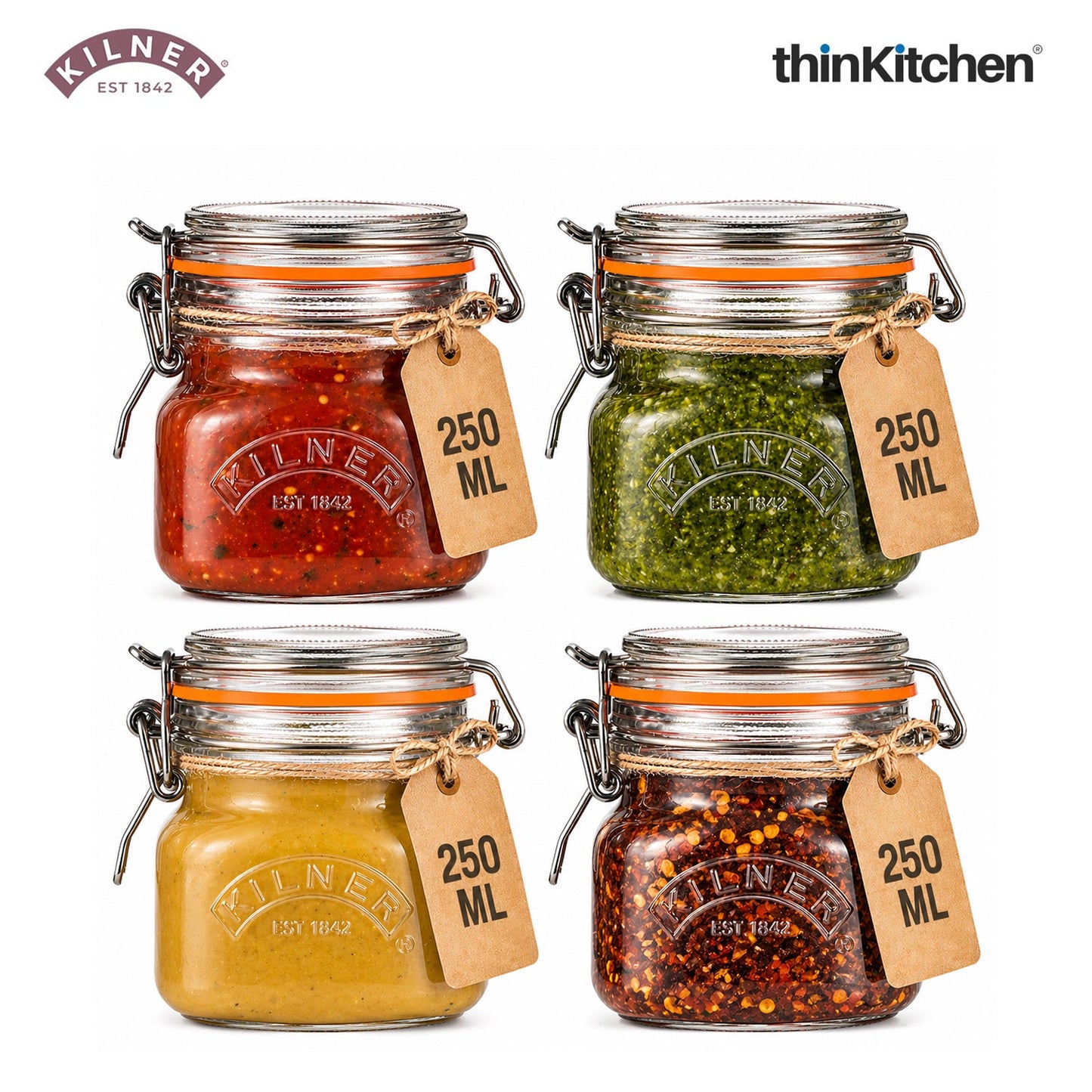 Premium Airtight Leakproof Square Glass Jar with Clip Top Lid - 250ml for Spices, Sauces, Chutneys,  Baby Food, Honey, Ghee, Set of 4