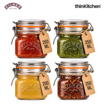 Premium Airtight Leakproof Square Glass Jar with Clip Top Lid - 250ml for Spices, Sauces, Chutneys,  Baby Food, Honey, Ghee, Set of 4