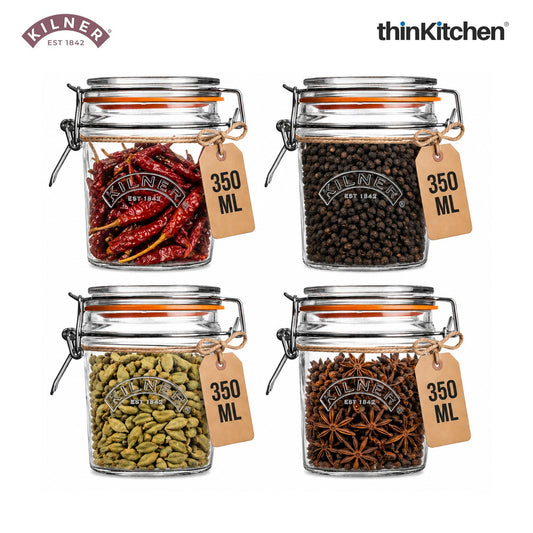 Kilner Premium Clip Top Airtight Round Glass Food Storage Container Jar - 350ML for thinKitchen | Multipurpose BPA Free, Reusable Kitchen Container for Storage, Set of 4