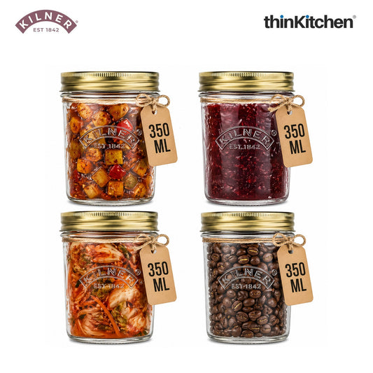 Kilner Premium Wide Mouth Airtight Glass Preserve Jar - 350ml | Multipurpose Kitchen Storage Container for Storing and Preserving Jams, Pickles, Chutneys, Set of 4
