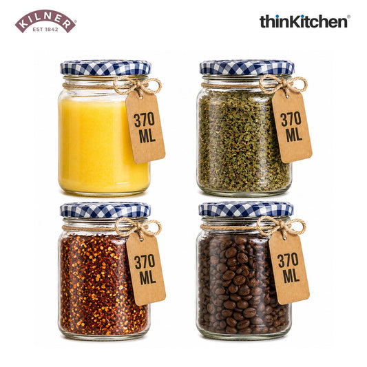 Kilner Premium Twist Top Airtight Round Glass Jar - 370ml | Multipurpose, Reusable Kitchen Containers for Jams, Chutneys, Herbs, Spices, Set of 4