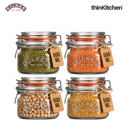 Kilner Premium 500ml Airtight Square Clip Top Glass Jar for Food Storage, Set of 4 | Multipurpose, BPA Free, Reusable Kitchen Container