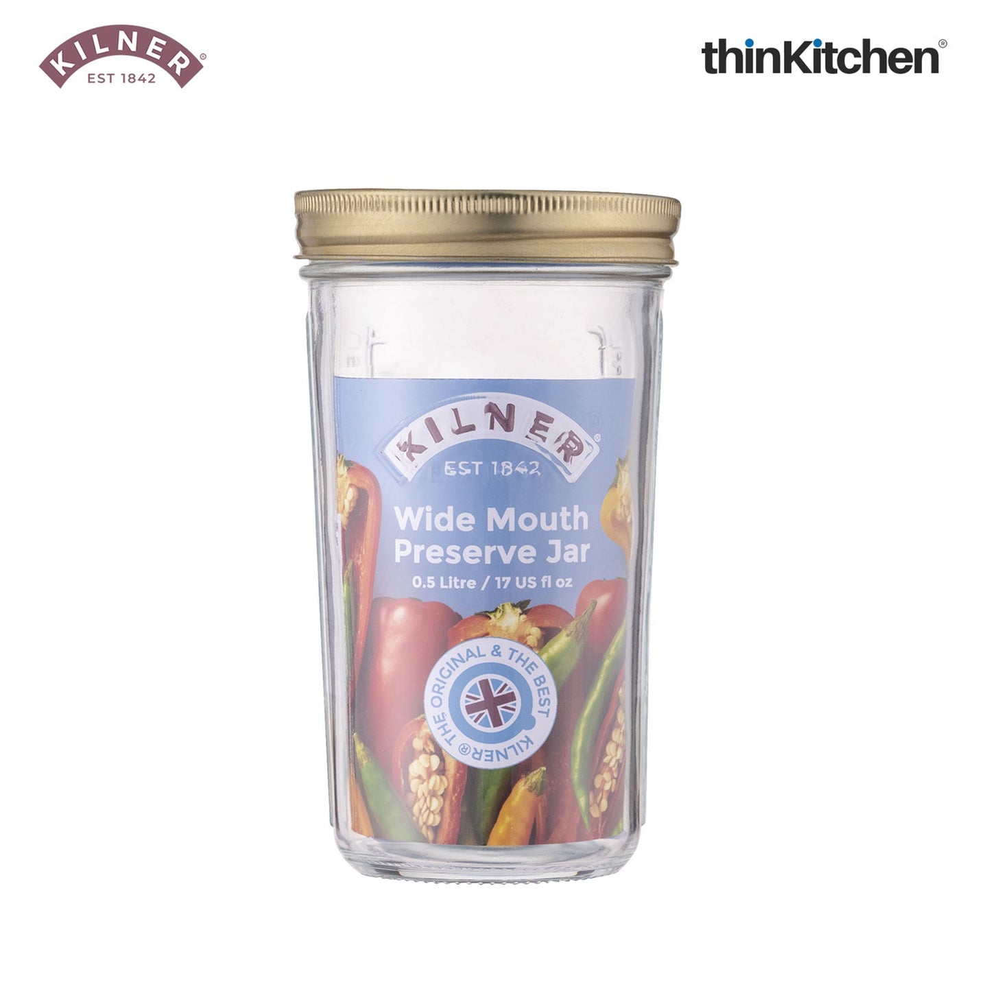 Kilner Premium Wide Mouth Preserve Airtight Glass Jar - 500ml | Transparent, Reusbale Kitchen Food Storage & Pickling Jar for Jams, Pickles, Herbs, Spices, Set of 4