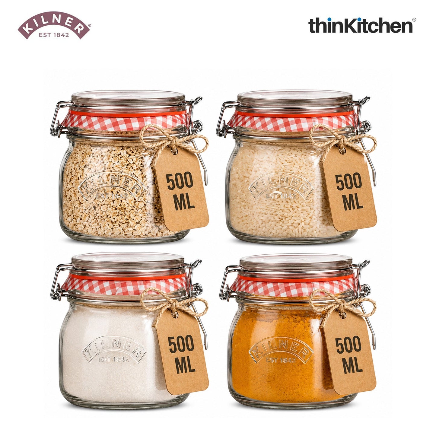 Kilner Premium Round Airtight Glass Jar with Clip Top Airtight Lid - 500Ml | Transparent Multipurpose Kitchen Storage Container for Pickles, Jams, Chutneys, Yougurt, Set of 4