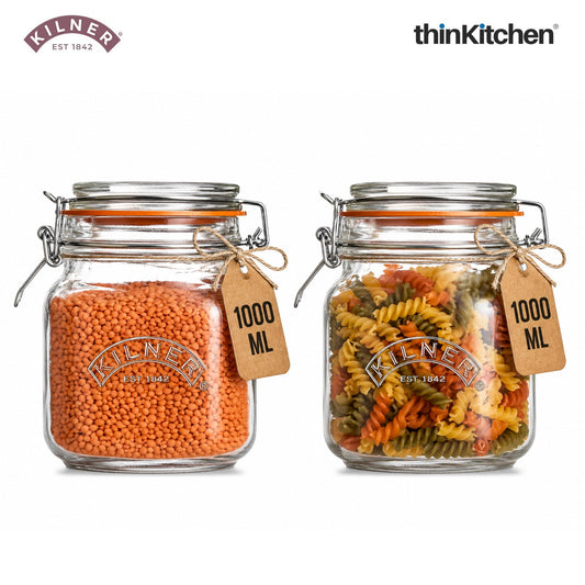 Kilner Premium 1L Airtight Square Clip Top Glass Jar for Food Storage, Biscuits, Cereals, Pulses | Multipurpose, BPA Free, Reusable Kitchen Container