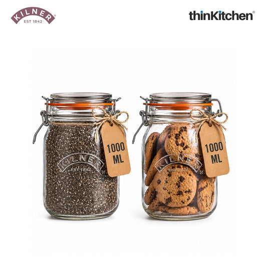 Kilner Premium 1L Round Airtight Glass Jar with Clip Top Lid for Coffee, Tea, Drinks, Flour, Pulses, Grains, Biscuits, Set of 2 | Transparent, Reusable Multipurpose Kitchen Storage Container