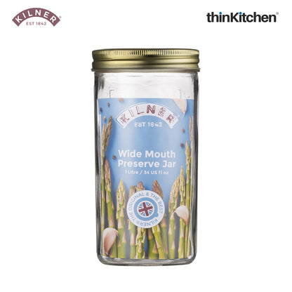 Kilner Premium 1L Glass Wide Mouth Preserve Jar for Preserving and Storing, Set of 2 | Reusable, Eco-Friendly Food Storage Container with Screw Lid for Kitchen