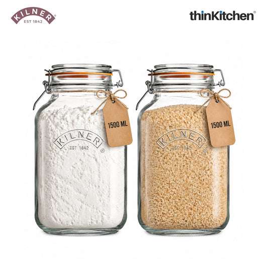 Kilner Premium 1.5L Airtight Square Clip Top Glass Jar for Food Storage, Biscuits, Cereals, Pulses, Set of 2 | Multipurpose, BPA Free, Reusable Kitchen Container