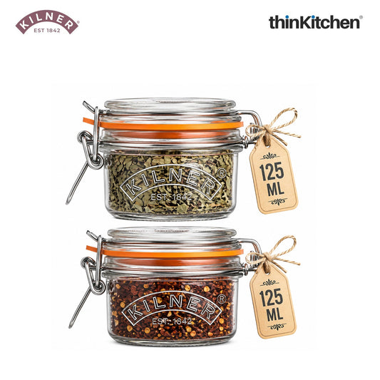 Kilner Premium Clip Top Airtight Round Glass Food Storage Jar - 125ML | Multipurpose BPA Free, Reusable Kitchen Container for Storage for Herbs, Spices, Set of 2