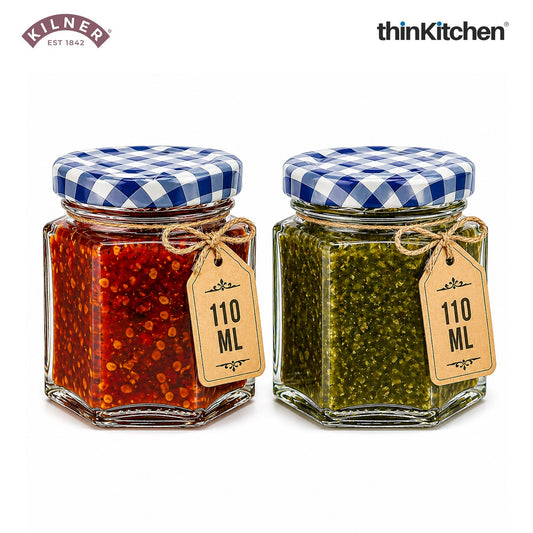 Kilner Premium Hexagonal Airtight Twist Top Glass Jar - 110ml  | Multipurpose Kitchen Storage Glass Container for Pickle, Chutneys, Sauces, Set of 2