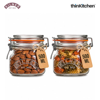Kilner Premium 500ml Airtight Square Clip Top Glass Jar for Food Storage, Set of 2 | Multipurpose, BPA Free, Reusable Kitchen Container