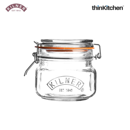 Kilner Premium 500ml Airtight Square Clip Top Glass Jar for Food Storage, Set of 2 | Multipurpose, BPA Free, Reusable Kitchen Container