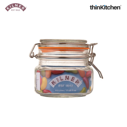 Kilner Premium 500ml Airtight Square Clip Top Glass Jar for Food Storage, Set of 2 | Multipurpose, BPA Free, Reusable Kitchen Container