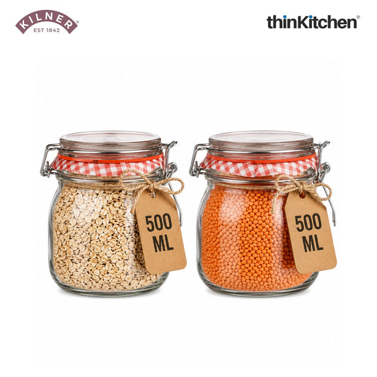 Kilner Premium Round Airtight Glass Jar with Clip Top Airtight Lid - 500Ml | Transparent Multipurpose Kitchen Storage Container for Pickles, Jams, Chutneys, Yougurt, Set of 2
