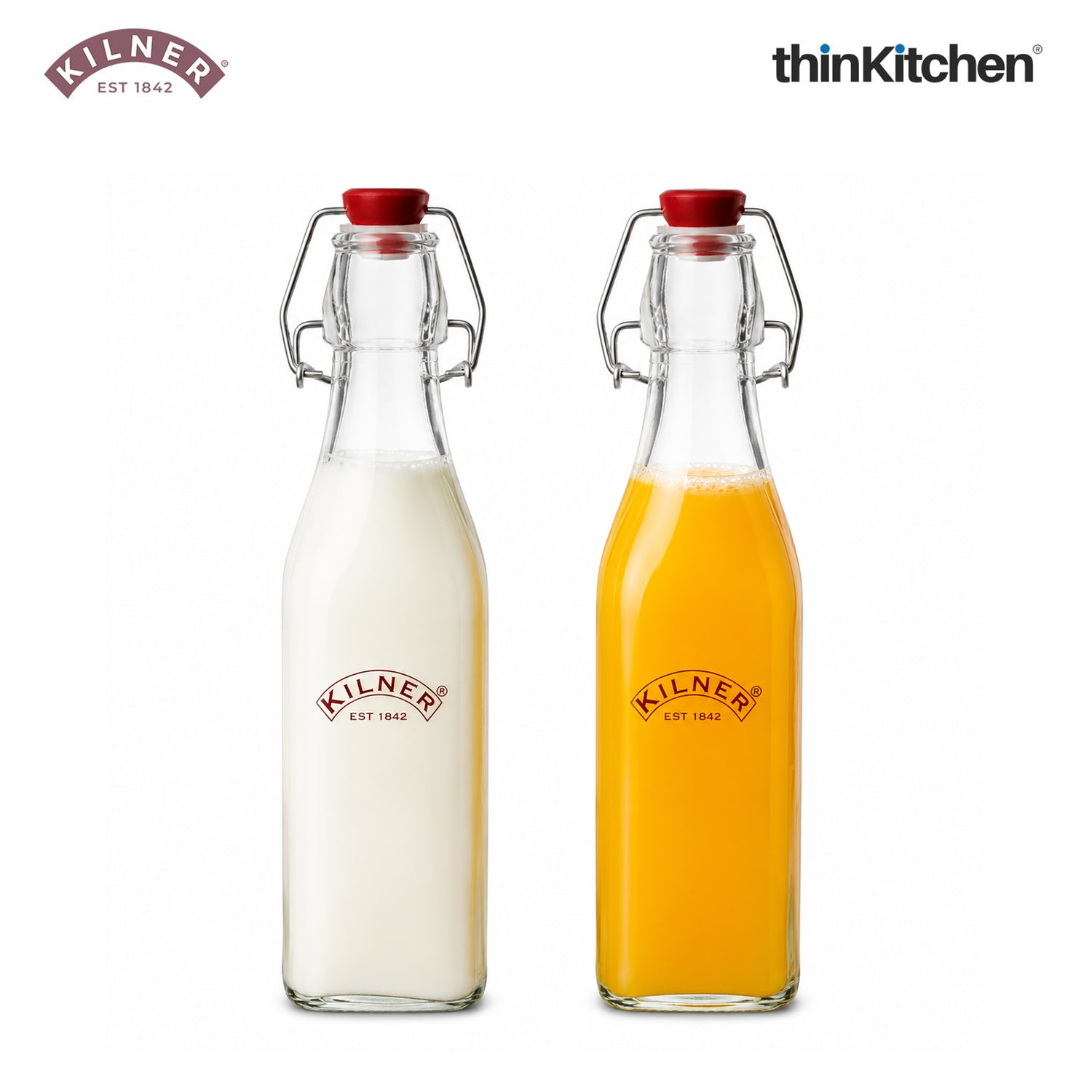 Kilner Premium 2 Pcs x 250ml Square Glass Clip Top Bottle for Juices, Beverages, Cocktails, Water | Transparent, Reusable Multipurpose Kitchen Storage Container - 1