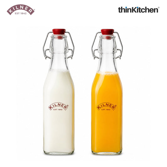 Kilner Premium 2 Pcs x 250ml Square Glass Clip Top Bottle for Juices, Beverages, Cocktails, Water | Transparent, Reusable Multipurpose Kitchen Storage Container