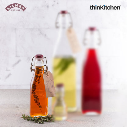 Kilner Premium 2 Pcs x 250ml Square Glass Clip Top Bottle for Juices, Beverages, Cocktails, Water | Transparent, Reusable Multipurpose Kitchen Storage Container