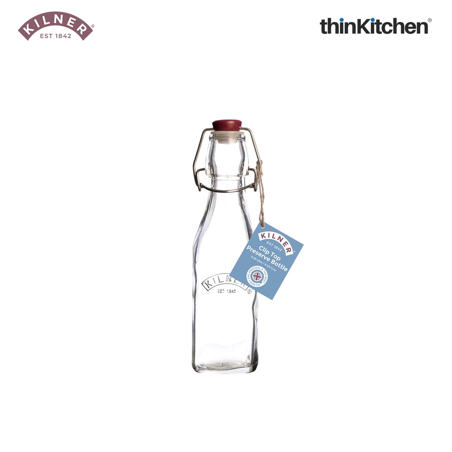 Kilner Premium 2 Pcs x 250ml Square Glass Clip Top Bottle for Juices, Beverages, Cocktails, Water | Transparent, Reusable Multipurpose Kitchen Storage Container