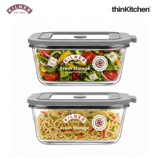 Kilner Premium 2 Pcs x 800ml Airtight, Leakproof Glass Container for Food Storage, Leftovers, Snacks, Meal Prep | Oven safe, Freezer Safe, Fresh Series Container for Kitchen