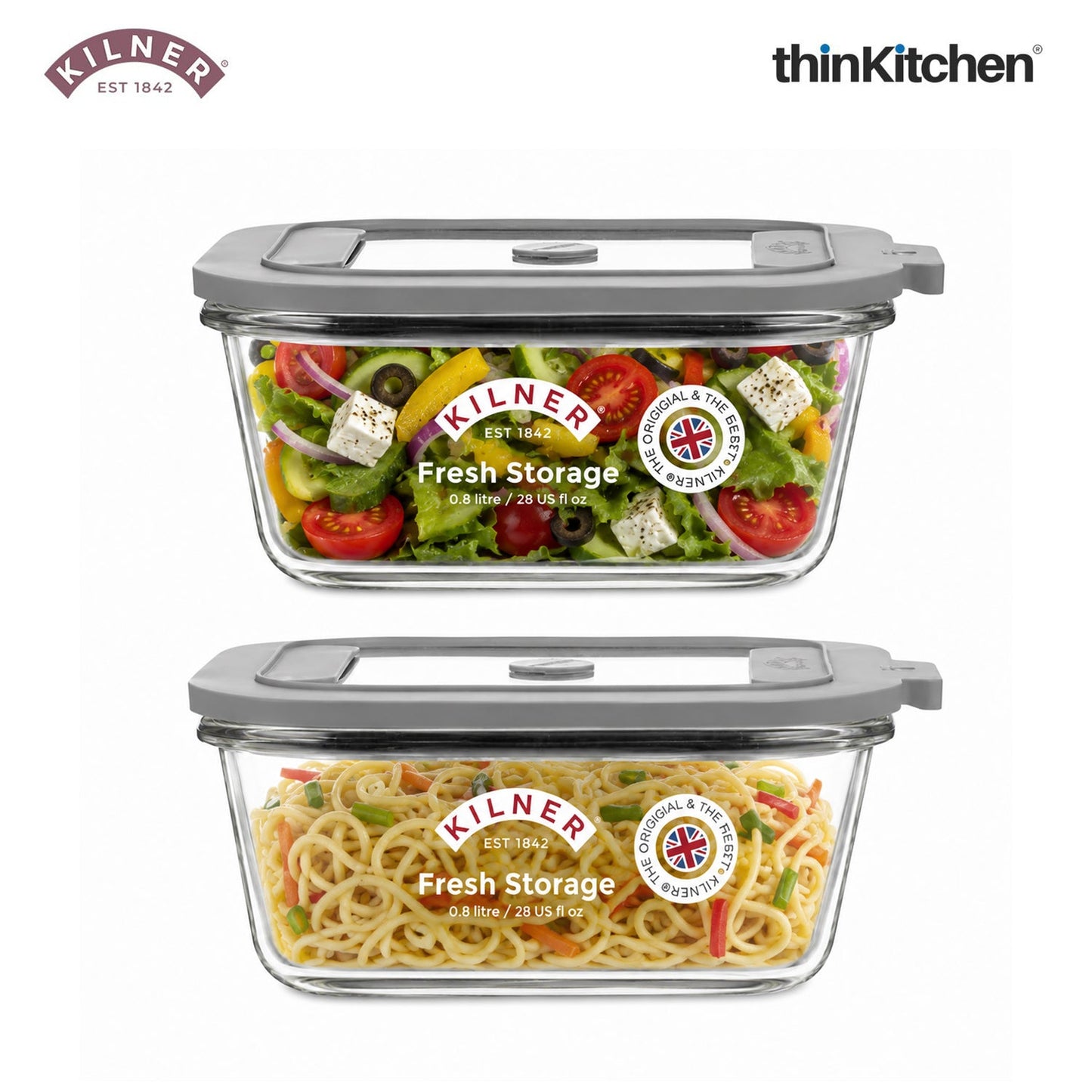 Kilner Premium 2 Pcs x 1.5 L Airtight, Leakproof Glass Container for Food Storage, Leftovers, Snacks, Meal Prep | Oven safe, Freezer Safe, Fresh Series Container for Kitchen
