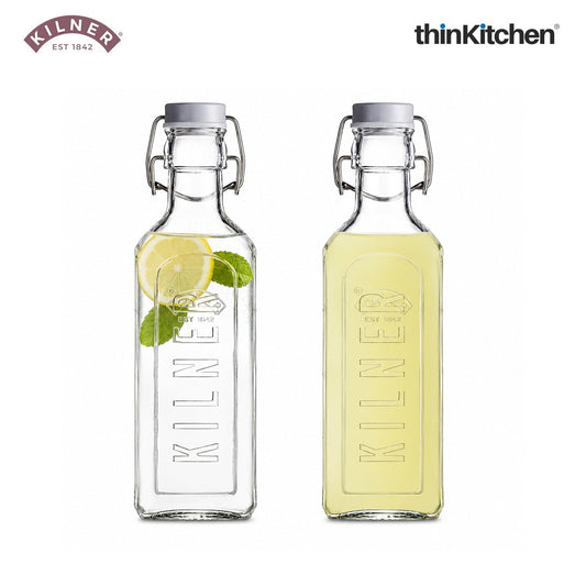 Kilner Premium 2 Pcs x 300ml Airtight Square Glass Oil Bottle with Clip Top Lid for Vinegar, Water, Dressings & Kitchen Pantry Use | Reusable Multipurpose Kitchen Storage Container