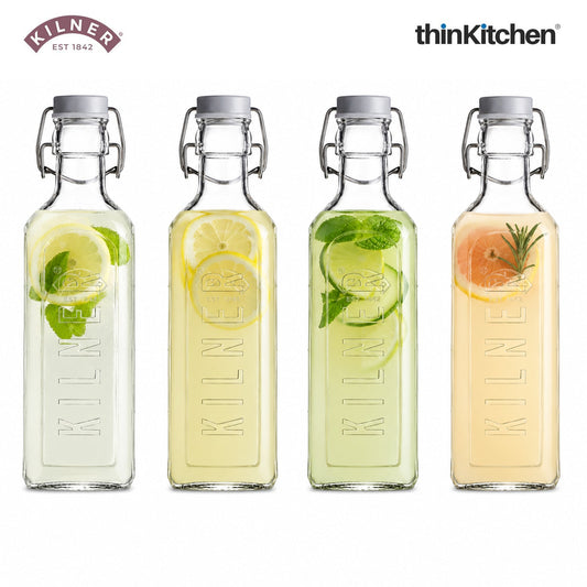 Kilner Premium 4 Pcs x 300ml Airtight Square Glass Oil Bottle with Clip Top Lid for Vinegar, Water, Dressings & Kitchen Pantry Use | Reusable Multipurpose Kitchen Storage Container